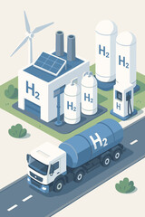 Obraz premium Green hydrogen energy production concept isometric illustration. Renewable H2 facility with solar panels, wind turbine, storage tanks, transport tanker truck, and refueling station.