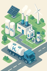 Green hydrogen energy production concept. Isometric factory using renewable power from solar panels and wind turbine. H2 fuel generation via electrolysis, storage and transport.