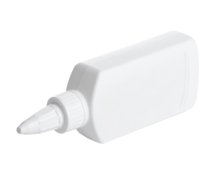 A small white plastic bottle with a pointed nozzle and screw cap, typically used for dispensing glue or adhesive in precise amounts.
