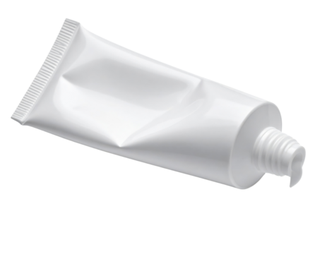A white, squeezable tube dispensing a small amount of cream or ointment from its open nozzle.
