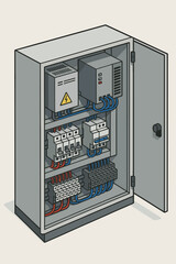 Electrical control cabinet isometric illustration. Open industrial power panel with circuit breakers, relays, and terminal blocks. Switchboard for electricity distribution. Automation concept.