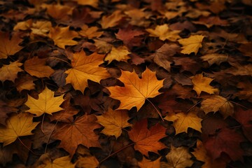 Vibrant autumn leaves scattered on ground create a warm, seasonal atmosphere. rich colors of red, orange, and gold contrast against the earthy floor, embodying beauty of fall and nature’s transition.