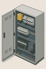 Electrical control cabinet isometric vector. Industrial switchboard with circuit breakers, PLC controller for smart factory automation. Power distribution panel illustration.