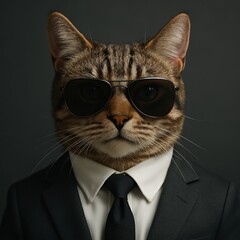stylish cat dressed in sharp suit, complete with sunglasses tie, exudes charm confidence. cool, sophisticated feline embodies elegance, humor, and a modern, fashionable attitude in a unique portrait