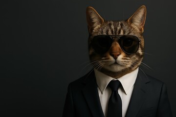 stylish cat dressed in sharp suit, complete with sunglasses tie, exudes charm confidence. cool, sophisticated feline embodies elegance, humor, and a modern, fashionable attitude in a unique portrait
