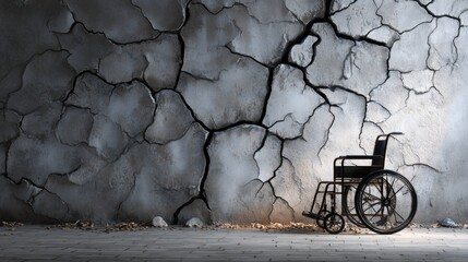 A wheelchair by a cracked wall, symbolizing vulnerability in crisis.