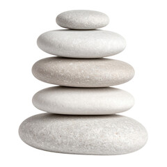 Fototapeta premium Five smooth, oval-shaped white stones stacked in descending size order, creating a balanced and harmonious tower.