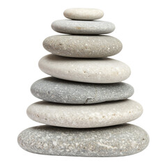A balanced stack of seven smooth, rounded stones arranged from largest to smallest, demonstrating stability and harmony.
