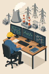 Power grid management concept with engineer in control room. Isometric vector illustration of electricity plant, substation, and high voltage transmission lines for energy industry.