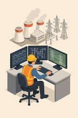 Engineer operator in control room managing power grid and nuclear energy plant. Isometric vector concept of electricity industry, high-voltage transmission and power station monitoring.
