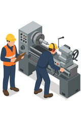 Lathe machine operator and supervisor in a factory. Isometric vector illustration of industrial workers and metalworking equipment. Concept for manufacturing, training, and quality control.