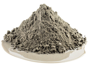 A mound of fine gray powder rests on a shallow ceramic dish, showing a dry, crumbly texture with small clumps and loose particles at the base.