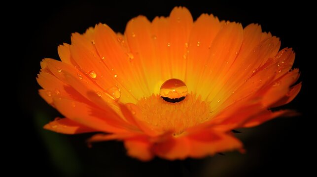 Vibrant orange-hued flower with delicate petals in circular formation, gradient from deep orange edges to bright yellow-orange center, adorned with scattered glistening water droplets, prominent spher