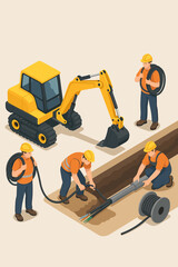 Underground cable installation isometric vector illustration. Workers in hard hats laying power or fiber optic cables in a trench with an excavator. Construction and telecommunication concept.