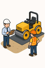 Fototapeta premium Road construction scene with engineer and worker discussing the project plan. Supervisor with clipboard inspecting asphalt paving with a steamroller. Infrastructure development concept.