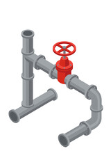 Industrial pipe connection with red valve isometric vector icon. Pipeline system for water, gas, or oil transportation. Factory plumbing and engineering equipment isolated concept.