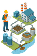 Isometric industrial wastewater treatment plant concept. Engineer with blueprint at a factory. Water purification, filtration, and sewage cleaning system. River pollution and ecology.