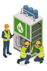 Isometric hydrogen electrolyzer station vector illustration. Engineers performing maintenance on H2 production equipment. Green energy, sustainable technology, renewable fuel concept.