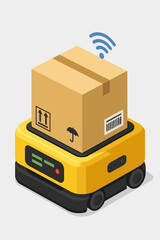 Smart logistics robot concept with autonomous mobile robot carrying cardboard box. Warehouse automation with AGV. Wireless technology for supply chain management. Isometric vector.