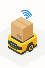 Smart logistics robot for warehouse automation. Isometric illustration of an autonomous mobile robot (AMR) carrying a box. Automated guided vehicle (AGV) for package delivery.