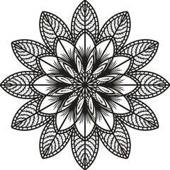 Intricate Black and White Mandala Design with Floral and Leaf Motifs