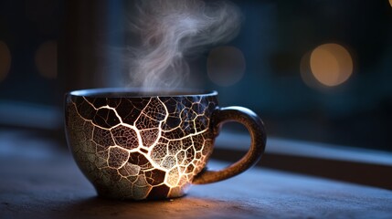 A coffee mug cracked but still steaming, symbolizing warmth despite damage.