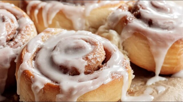 Delicious cinnamon rolls with glazed on the wooden table.
