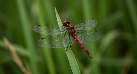 Red Dragonfly on Green Grass Blade