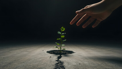 Small Green Plant Seedling Spotlighted with Hand Above