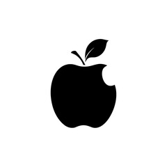 A black and white graphic of an apple with a bite mark and a leaf on white background , no background