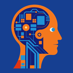 "High-Tech AI Interface – Abstract Robot Head with Neon Tech Elements in Vector Style"

