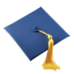 Isolated blue graduation cap with gold tassel on white background