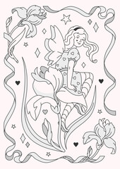 A monochrome coloring page featuring a fairy girl seating on a flower. Mystery detailed line art couture illustration for coloring and graphic projects