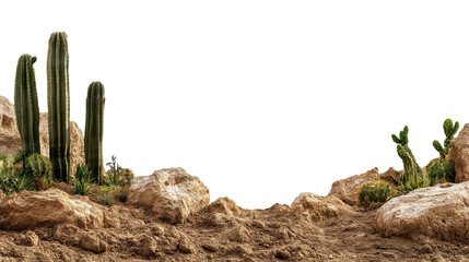 Desert landscape with cactus and rocks  isolated on white background