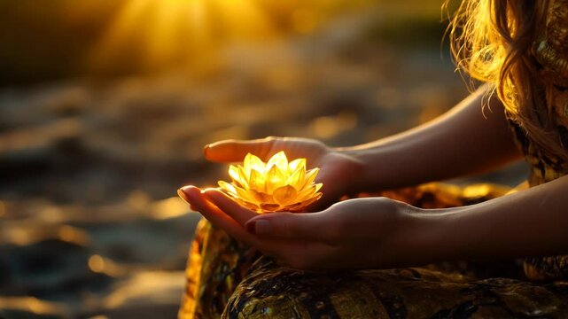 prayers with yellow lotus in hands in sitting meditation pose in nature at sunset. solar plexus third chakra activation.