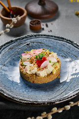 Quinoa with tofu and avocado vibrant color, shallow depth gourmet food photography