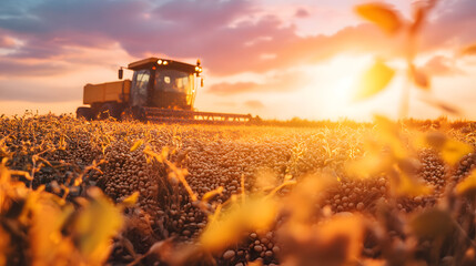 Fototapeta premium Harvester Pouring Freshly Harvested Soybeans into Container at Sunset, Closeup Detail in Field, Agriculture, Harvest Time, Autumn Afternoon, Farming Equipment in Action, Rural Industry