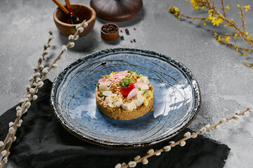 Quinoa with tofu and avocado plated in elegant soft daylight, minimalistic top view arrangement
