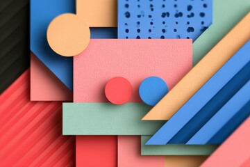 Bold abstract composition featuring colorful geometric shapes with layered depth