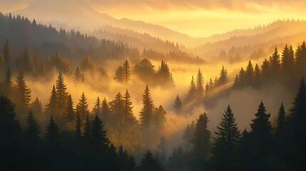 A serene sunrise over a misty forest, with golden light filtering through the trees