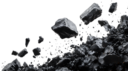 Dark, jagged rocks and debris streaking across a white background