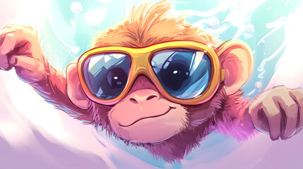 A Cute Monkey Swimming Underwater in Goggles
