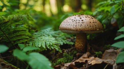 A close-up of a lone mushroom growing in the shade of a dense forest, with green ferns and leaves surrounding it, creating a natural and peaceful scene