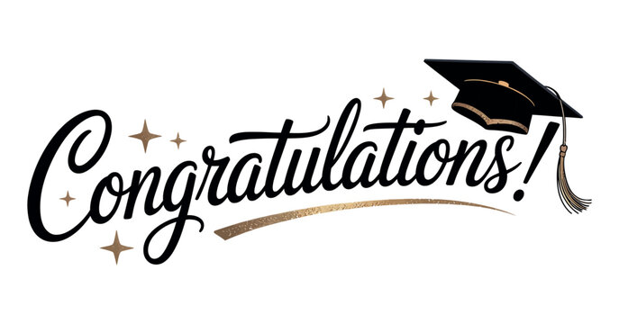 Elegant Congratulations Graduation Design with Calligraphy Text Graduation Cap Tassel and Gold Accents on a Clean White Background for Celebration