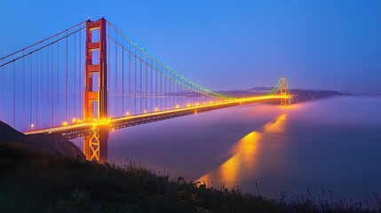 Fototapeta premium Illuminated bridge, San Francisco, fog, twilight, cityscape, travel, postcard, tourism