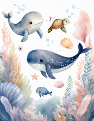 Fototapeta premium Generated Image of A cute baby whale, sea turtle, and starfish float above soft coral reefs in a dreamy underwater scene. Bubbles, seashells, and pastel seaweed gently swirl around them. 
