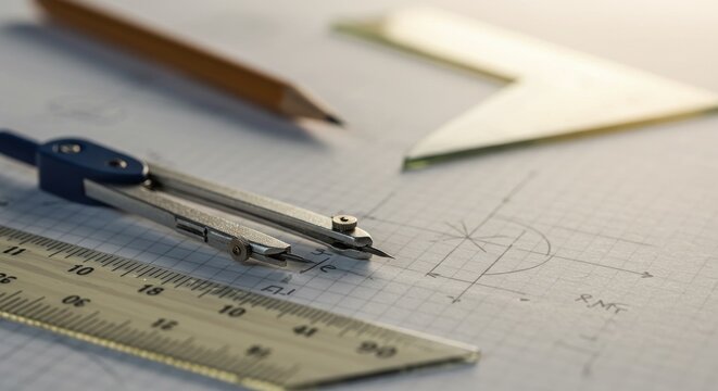 Closeup view of various tools and instruments on a work surface