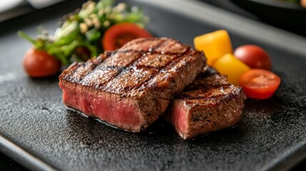 A close-up of a perfectly grilled Wagyu steak, showcasing the marbling of the meat and a light sear on the surface, served with a side of vegetables