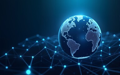 Blockchain technology futuristic hud background with world globe and blockchain polygon peer to peer network. Global cryptocurrency blockchain business banner concept. High quality