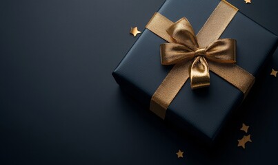 Minimalistic black and gold gift box design on a dark background, with copy space for a holiday or celebration banner, Generative AI